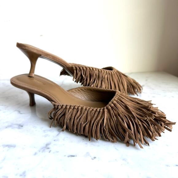 Larroudé Sienna Fringe Suede Mules Tan Kitten Heel Size 8 Handmade Brazil - Picture 2 of 12